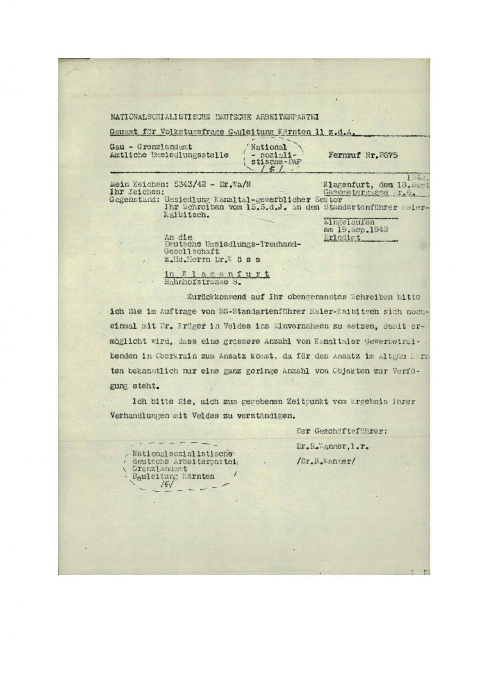 Dopis: Umsiedlung Kanaltal – gewerblicher Sektor