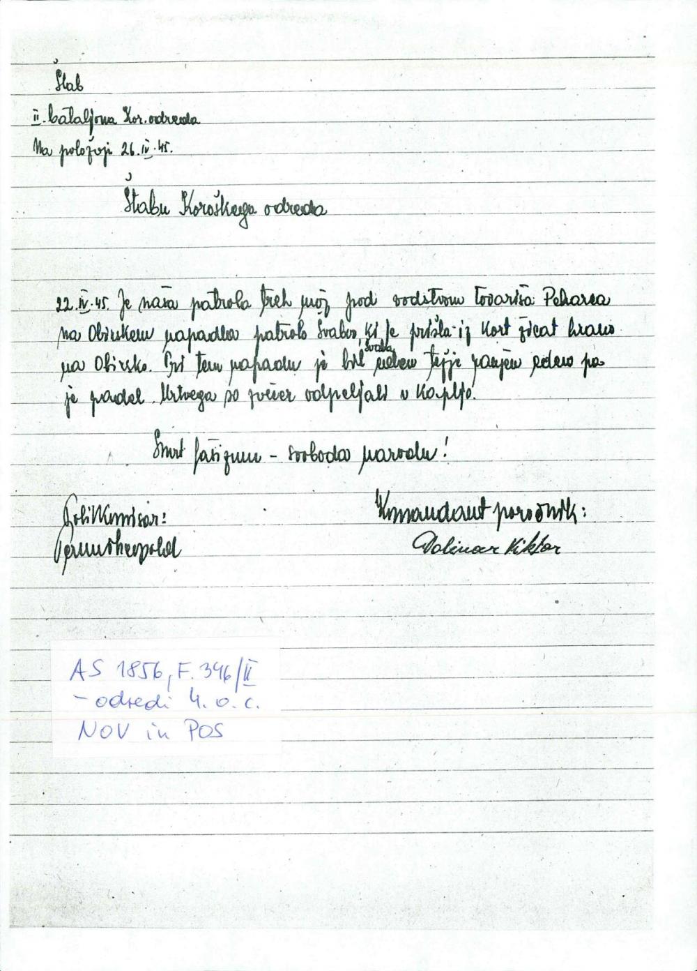 Poročilo Štabu Koroškega odreda