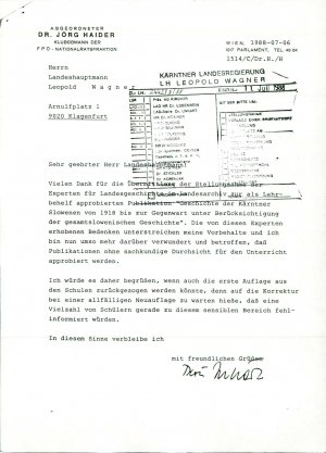 Pismo Jörga Haiderja o publikaciji "Gesc...  - nosilna