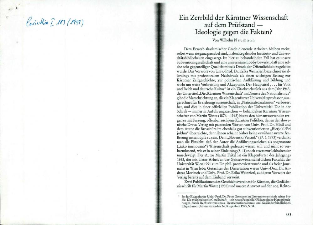 Ein Zerrbild der Kärntner Wissenschaft auf dem Prüfstand — Ideologie gegen die Fakten?