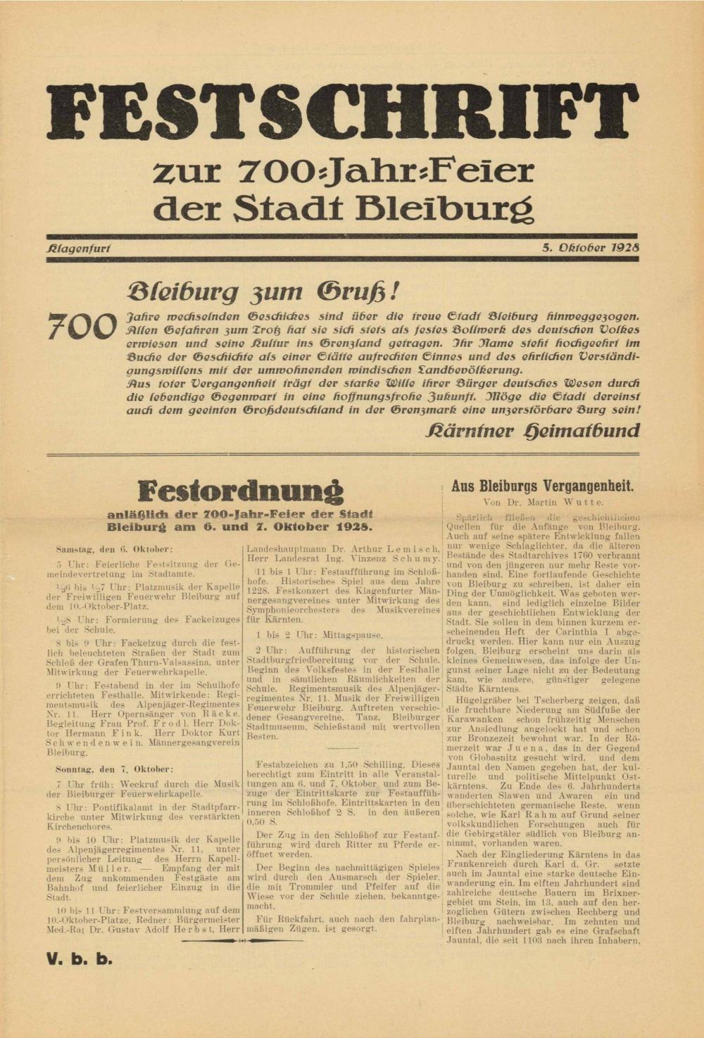 Festschrift zur 700  -Jahr - Feier der Stadt Bleiburg