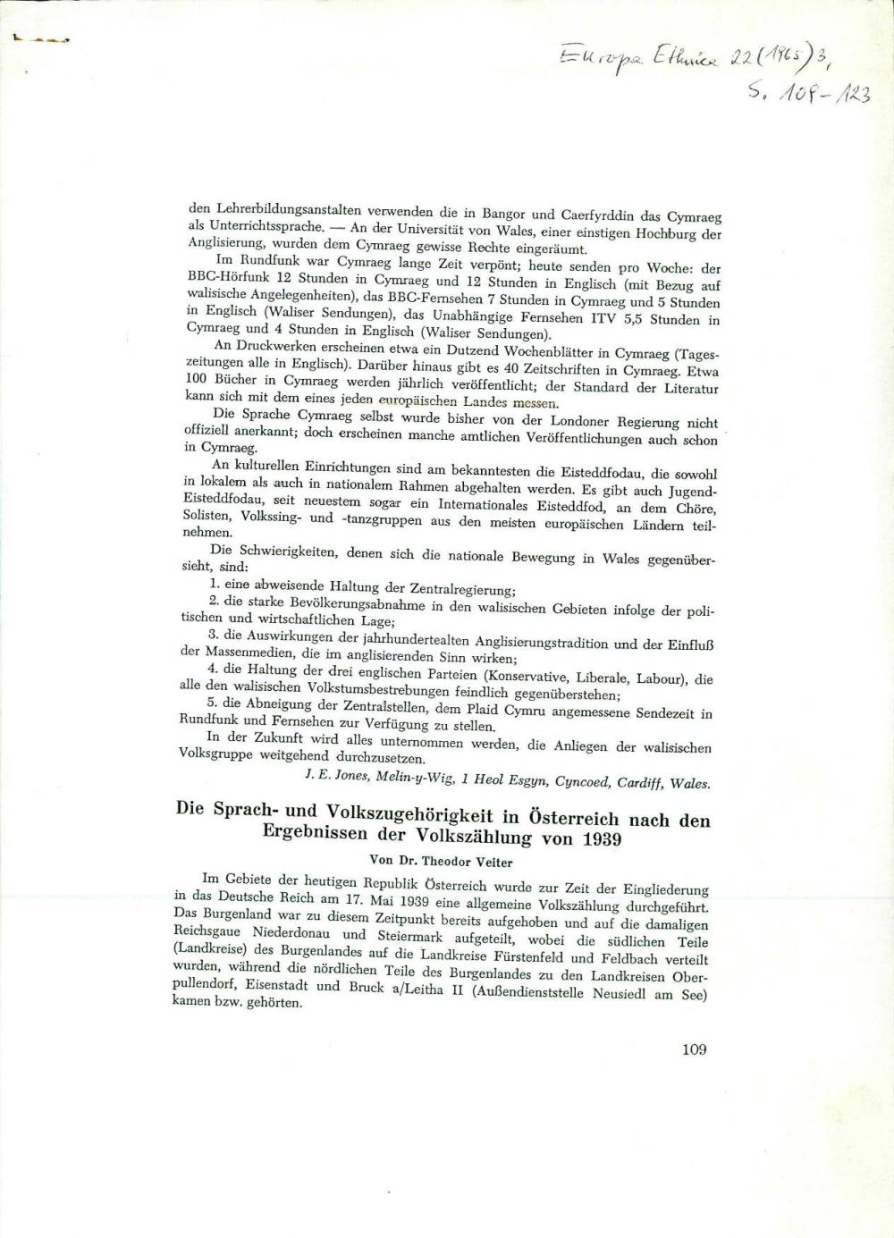 Die Sprach- und Volkszugehörigkeit in Österreich nach den Ergebnissen der Volkszählung von 1939