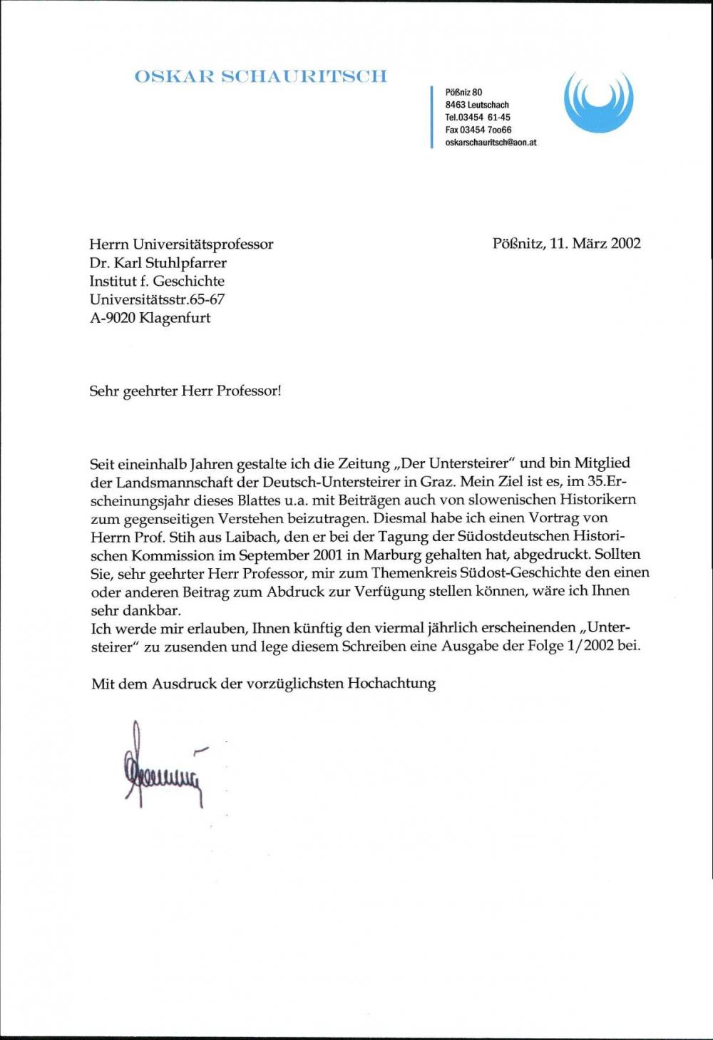 Dopis: Objava članka v časopisu Der Untersteirer