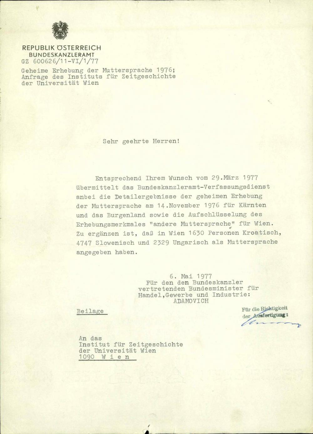 Dopis o prilogi rezultatov raziskave  Geheime Erhebung der Muttersprache 1976