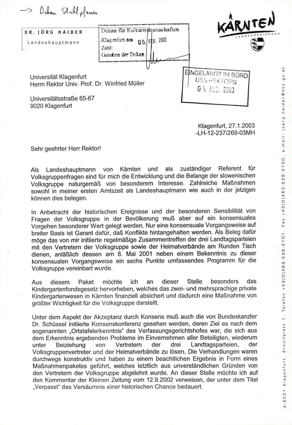 Dopis glede postavitve dvojezične table pred univerzitetno stavbo v Celovcu