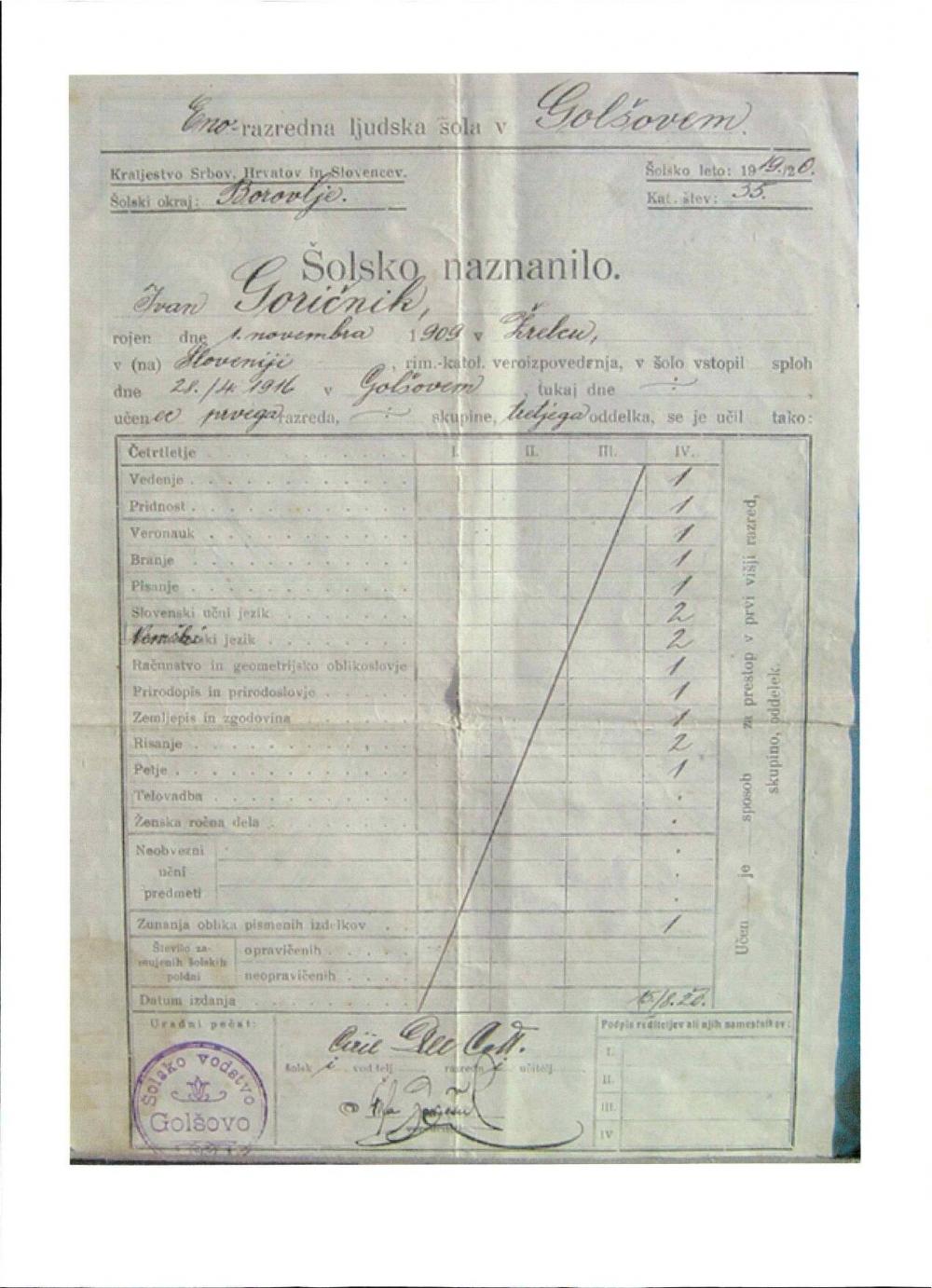 Šolsko naznanilo Ivan Goričnik, šolski okraj Borovlje, šolsko leto 1919 / 1920
