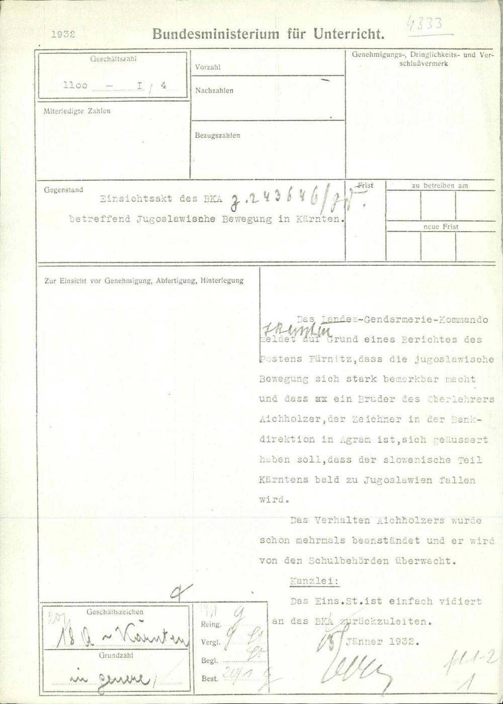 Dopis:  Einsichtsakt des BKA betreffend Jugoslawische Bewegung in Kärnten