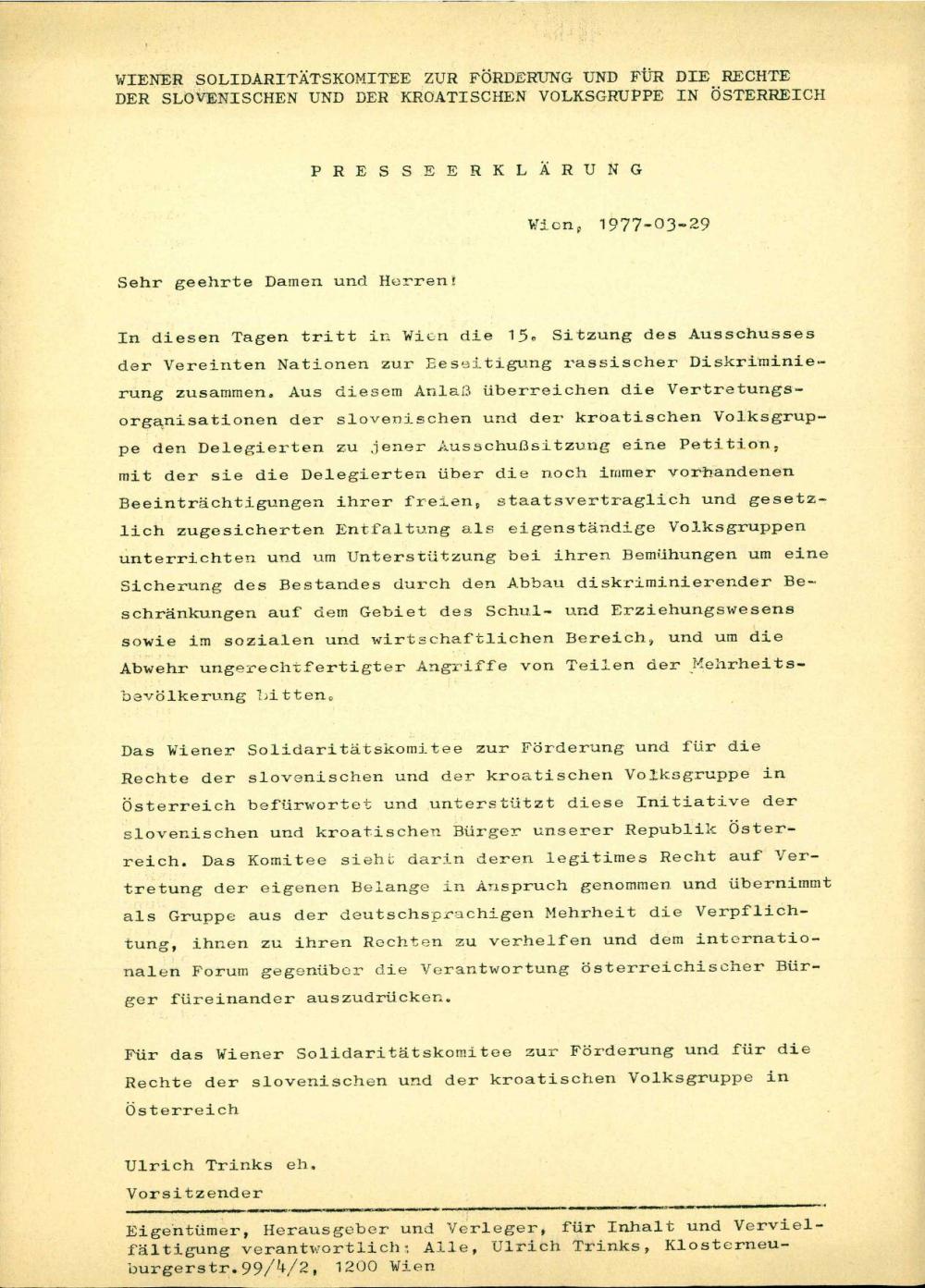 Presseerklärung, 29. 3. 1977
