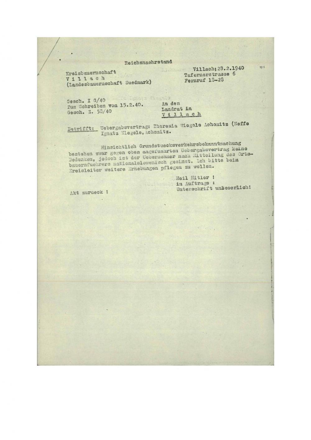 Dopis: Uebergabsvertrag: Theresia Wiegele Achomitz (Neffe Ignaz Wiegele, Achomitz)