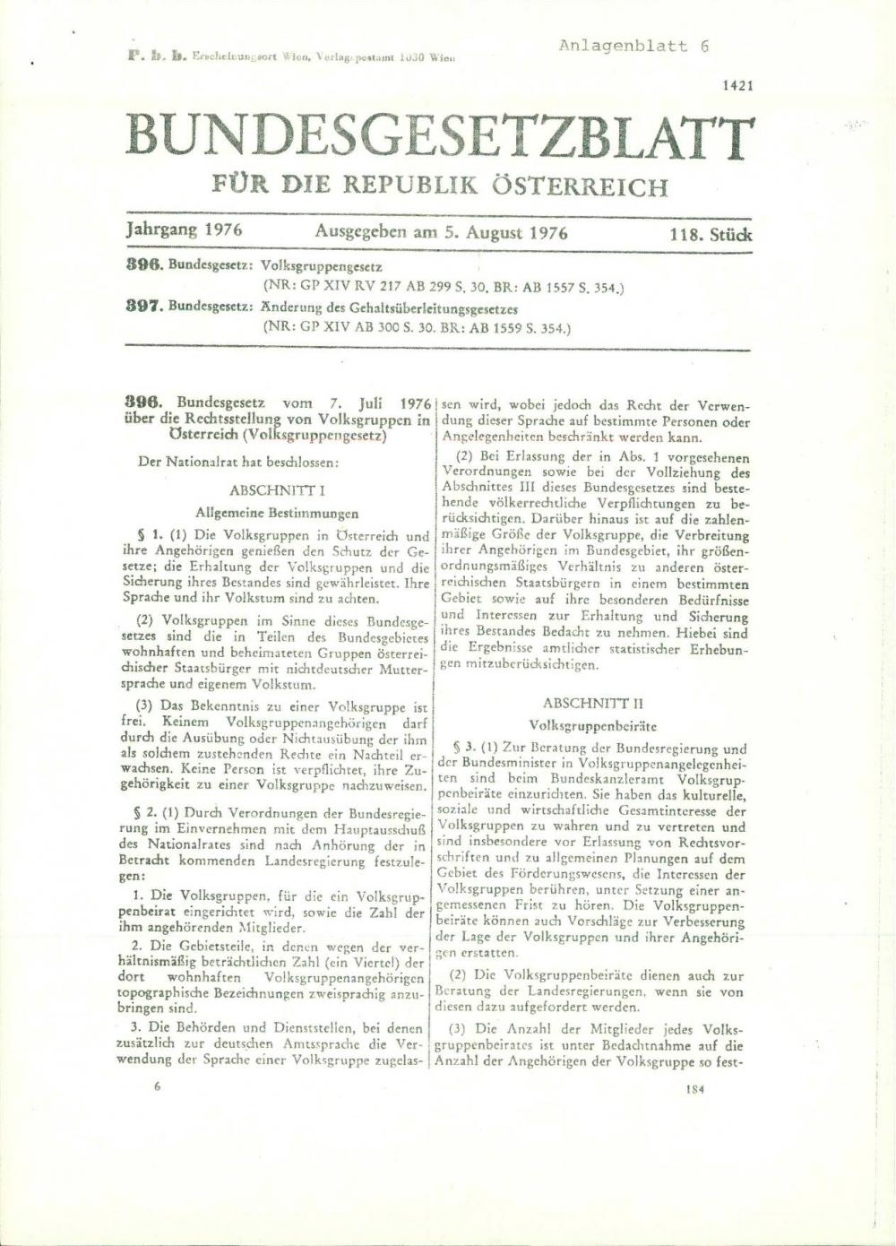 Bundesgesetzblatt für die Republik Österreich, 5. August 1976,  118. Stück