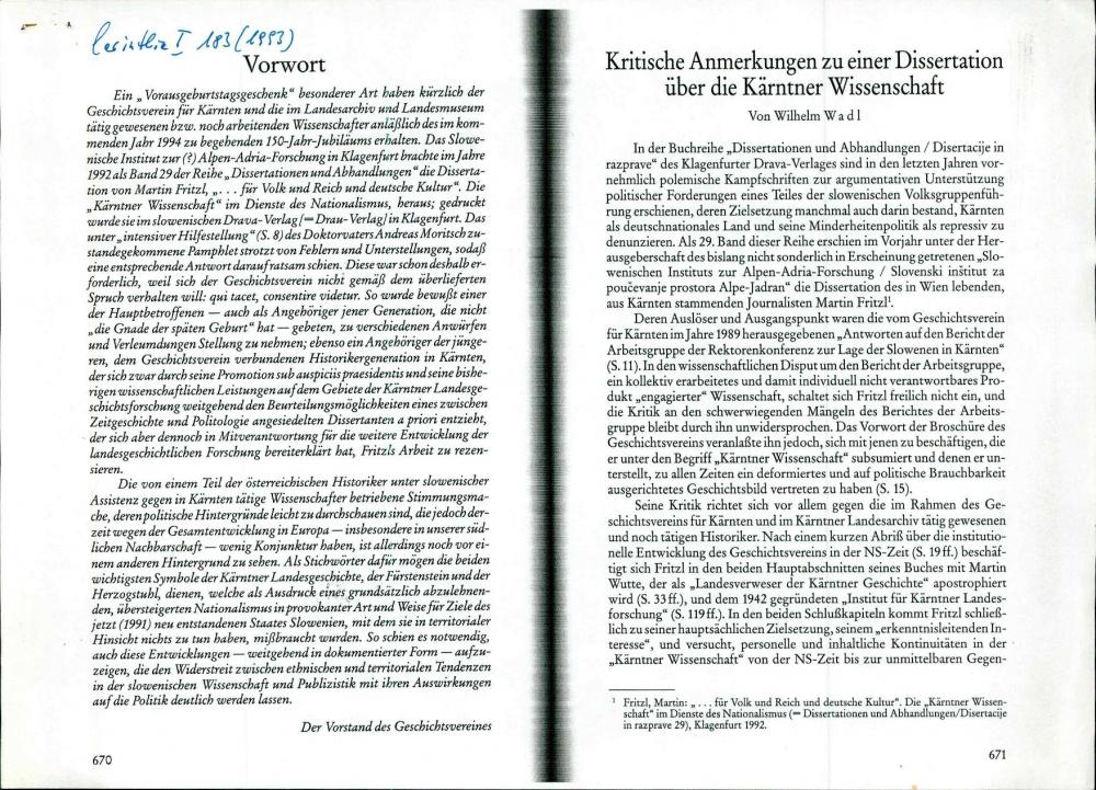 Kritische Anmerkungen  zu einer Dissertation über die Kärntner Wissenschaft