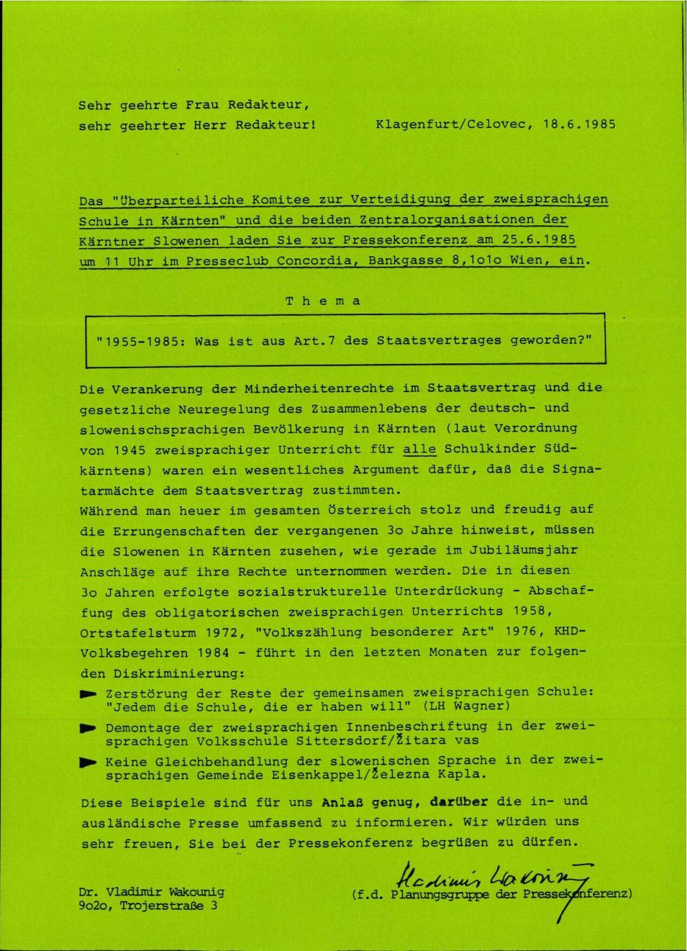Vabilo na tiskovno konferenco: "1955-1985: Was ist aus Art.7 des Staatsvertrages geworden?"