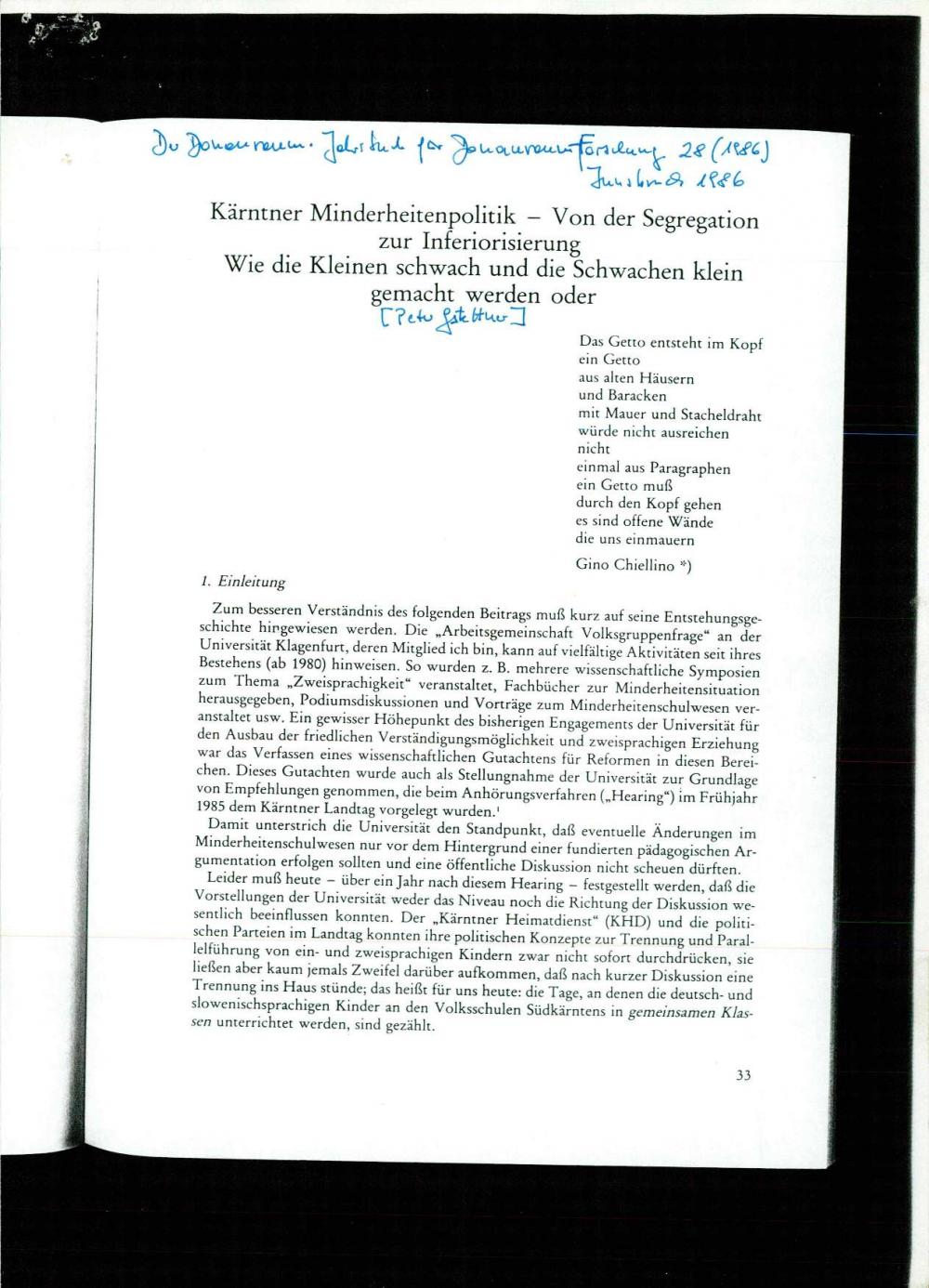Kärntner Minderheitenpolitik - Von der Segregation zur Inferiorisierung oder Wie die Kleinen schwach und die Schwachen klein gemacht werden