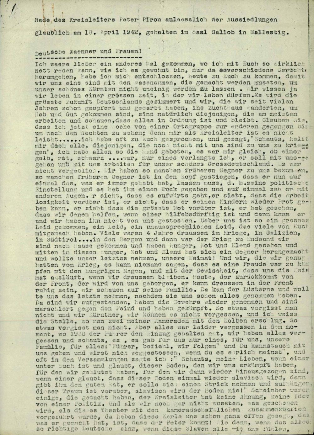 Rede des  Kreisleiters Peter Piron anlässlich der Aussiedlungen glaublich am 18. April 1942  gehalten im Saal Gallob in Wallestig