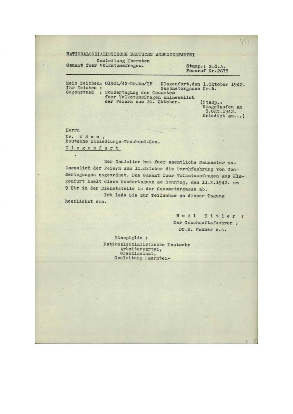 Dopis: Sondertagung des Gauamtes für Volkstumsfragen anlässlich der Feiern zum 10. Oktober