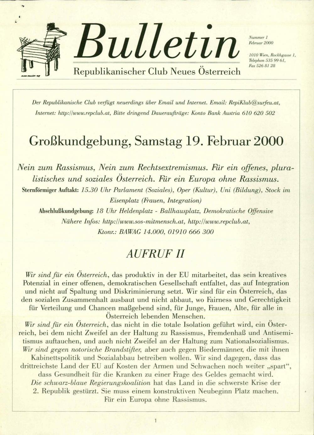 Republikanischer Club Neues Österreich Bulletin, Februar 2000