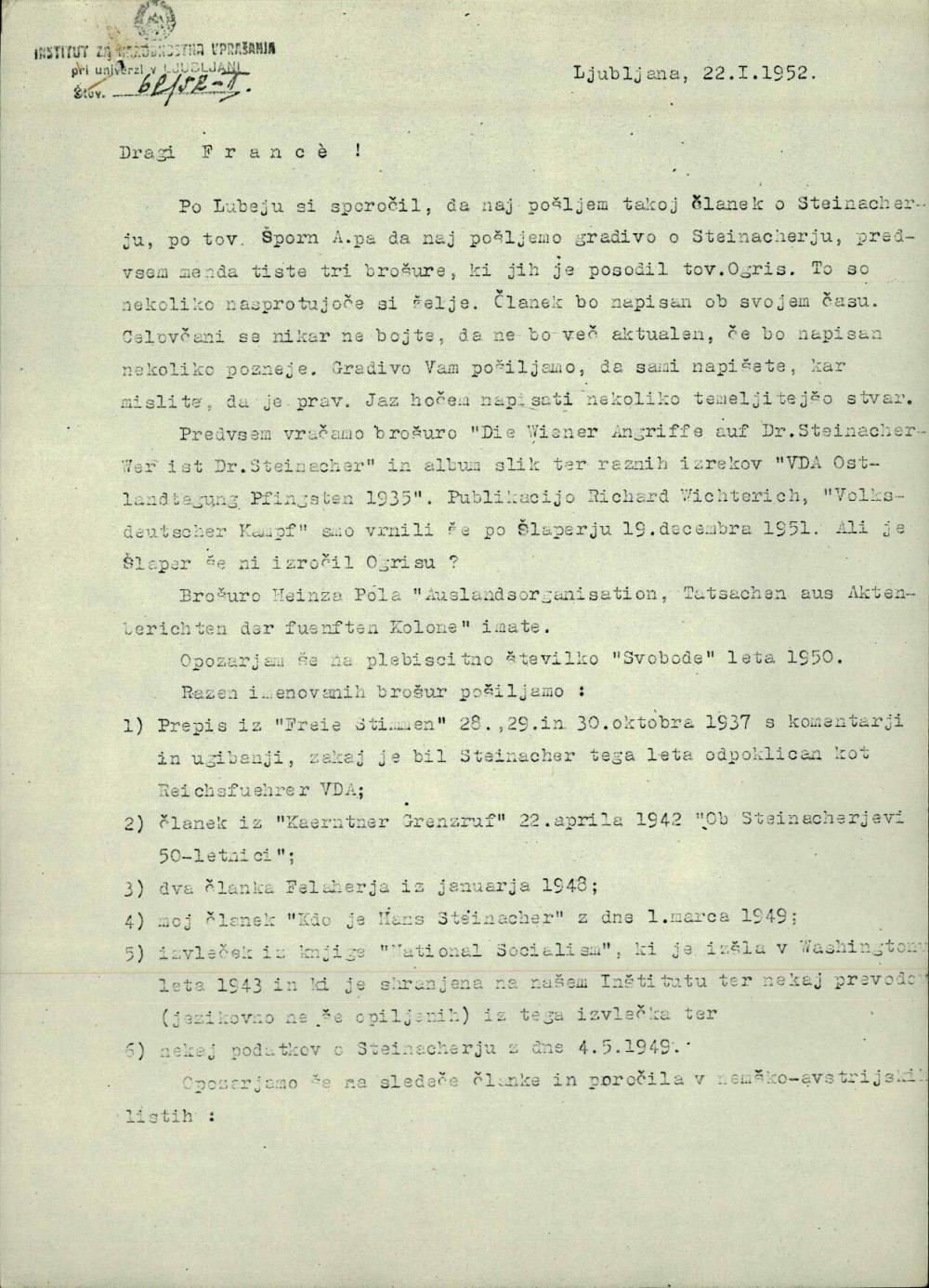 Pismo s seznamom brošur, ki jih pošilja Inštitut za narodnostna vprašanja