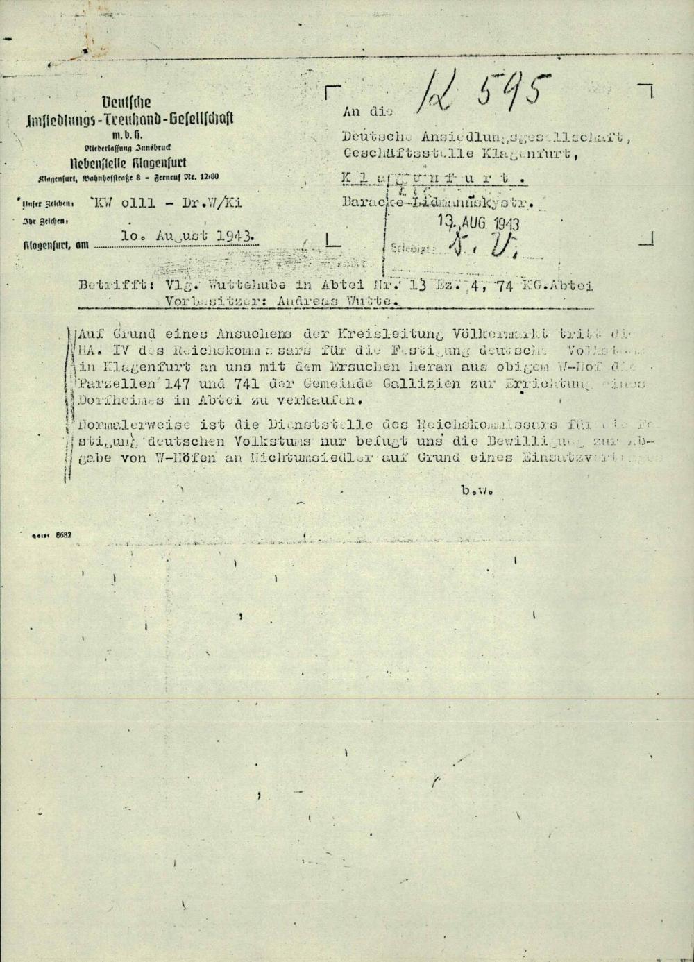 Dopis: Vlg. Wuttehube  in Abtei Nr. 13, ... - nosilna