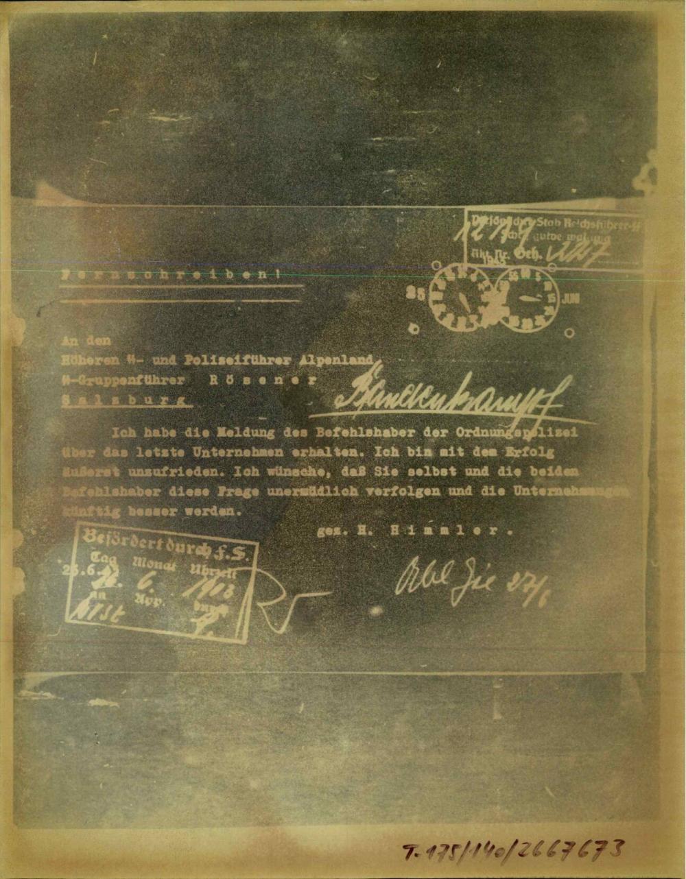 Dopis višjemu vodji SS in policije na območju Alp