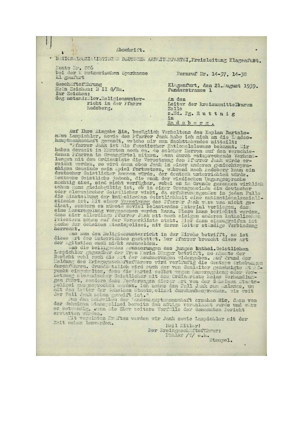 Dopis: Slov. Religionsunterricht in der Pfarre Radsberg