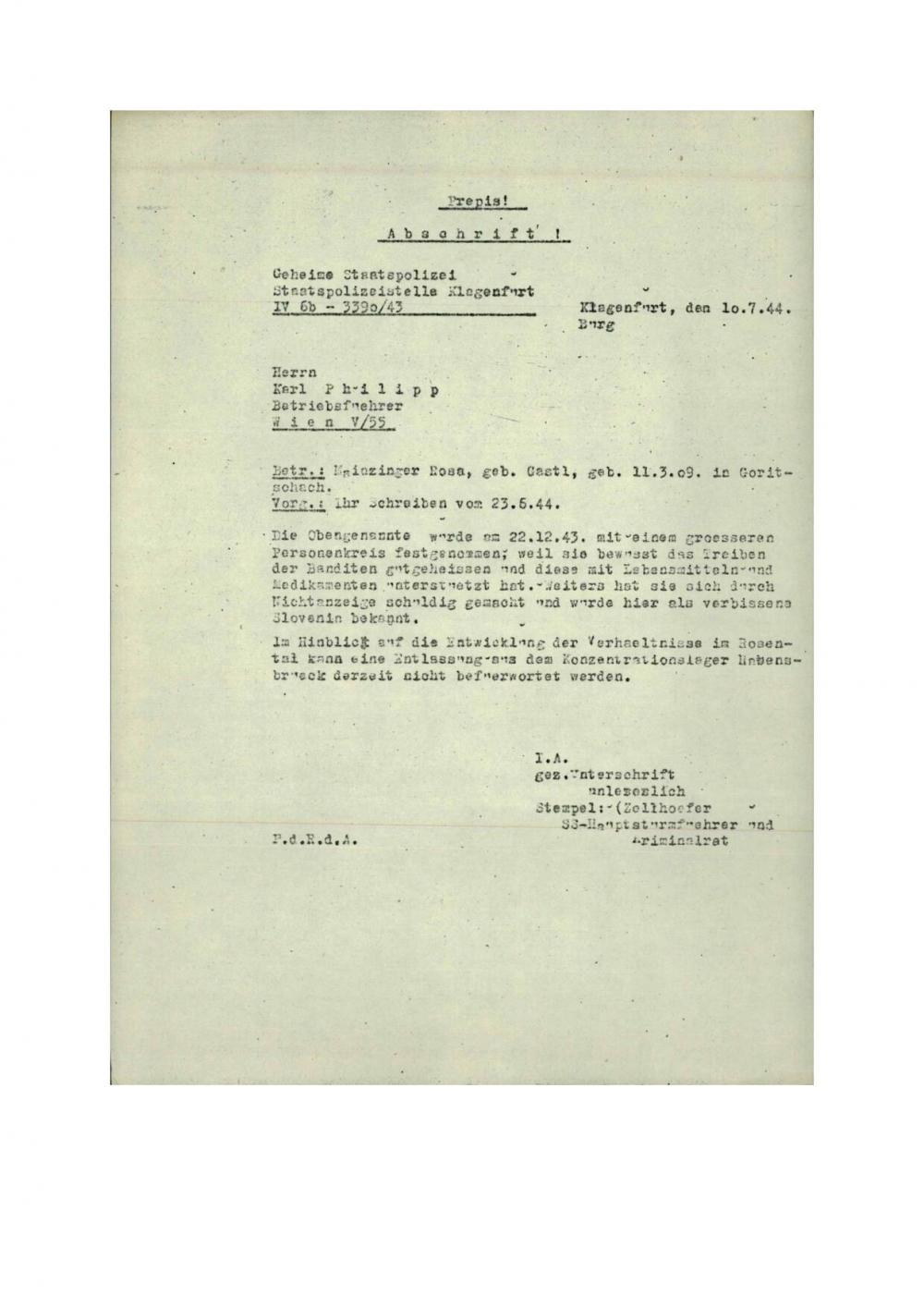 Dopis: Mainzinger Rosa, geboren  Castl, geb. 11. 3. 1909 in Goritschach