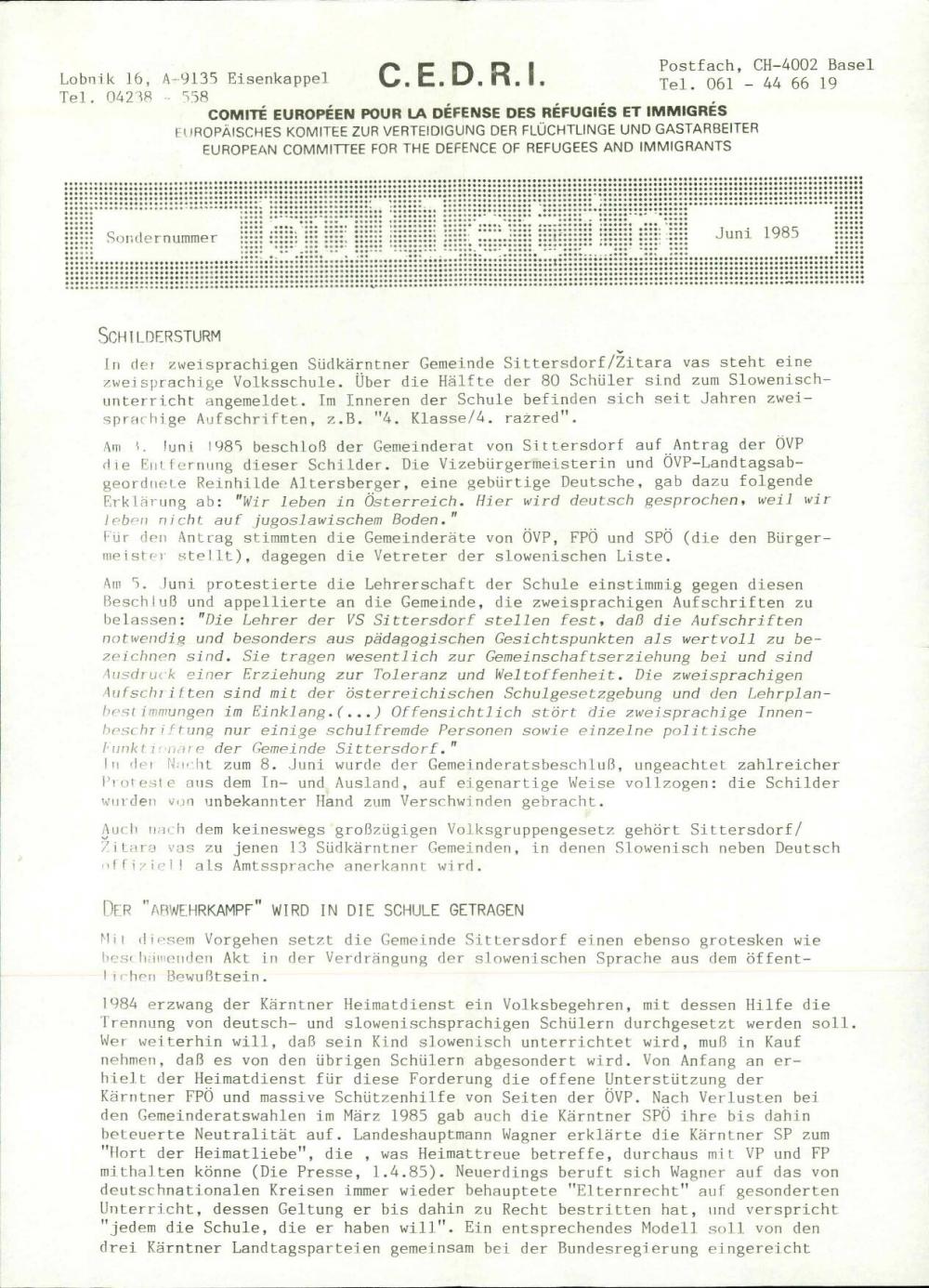 Bulletin - Sondernummer - Juni 1985
