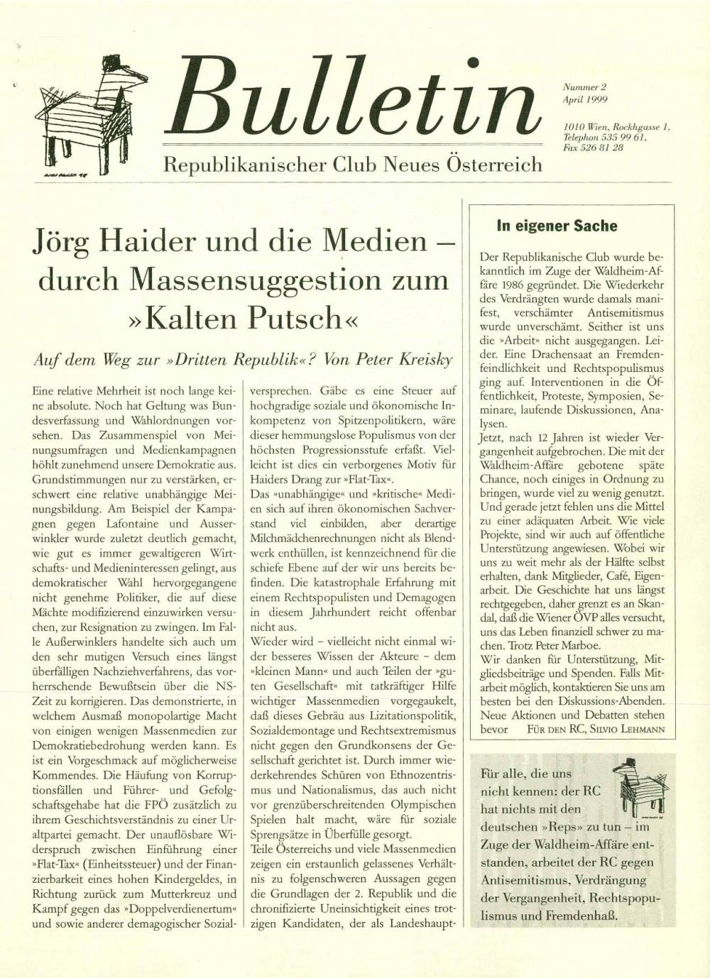 Republikanischer Club Neues Österreich Bulletin, April 1999, Nr. 2