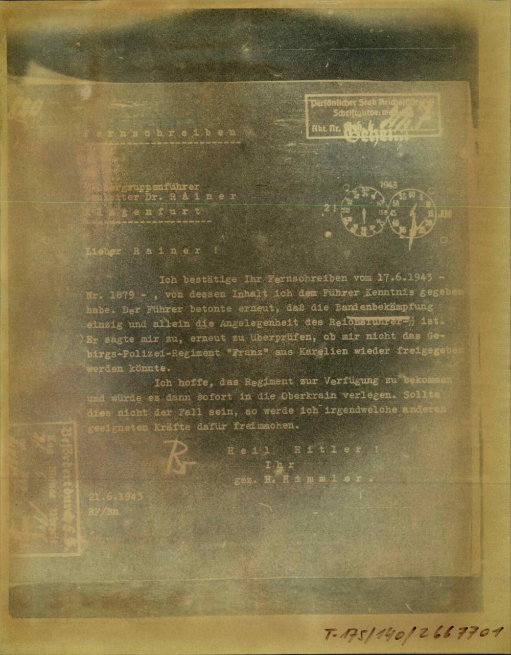 Dopis SS-Obergruppenführerju Rainerju