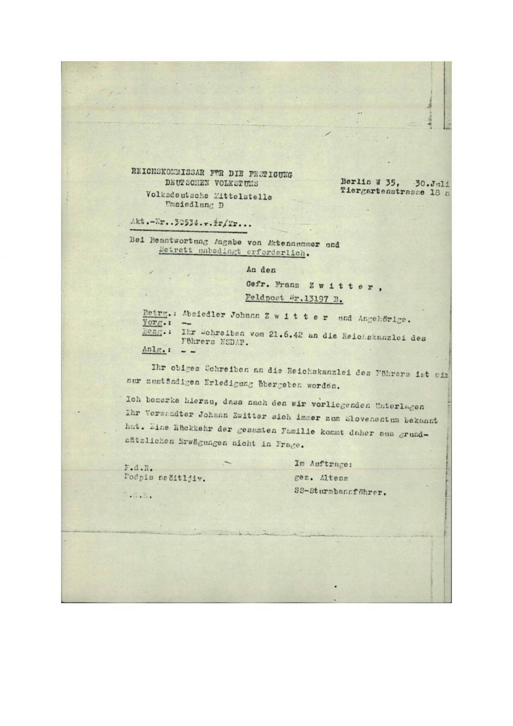 Dopis: Absiedler Johann Zwitter und Angehörige