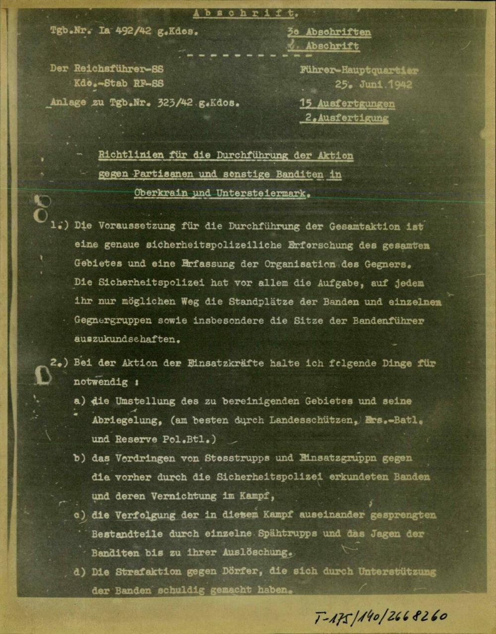 Dopis: Richtlinien für die Durchführung der Aktion gegen Partisanen und sonstige Banditen in Oberkrain und Untersteiermark
