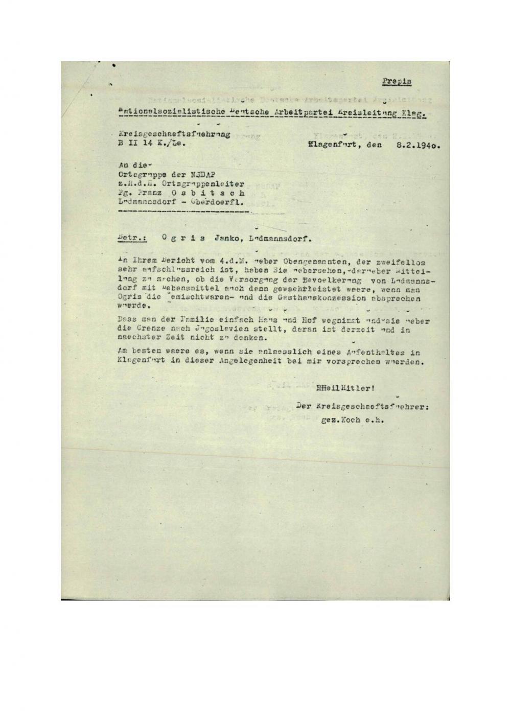 Dopis: Ogris Janko, Ludmannsdorf - nosilna