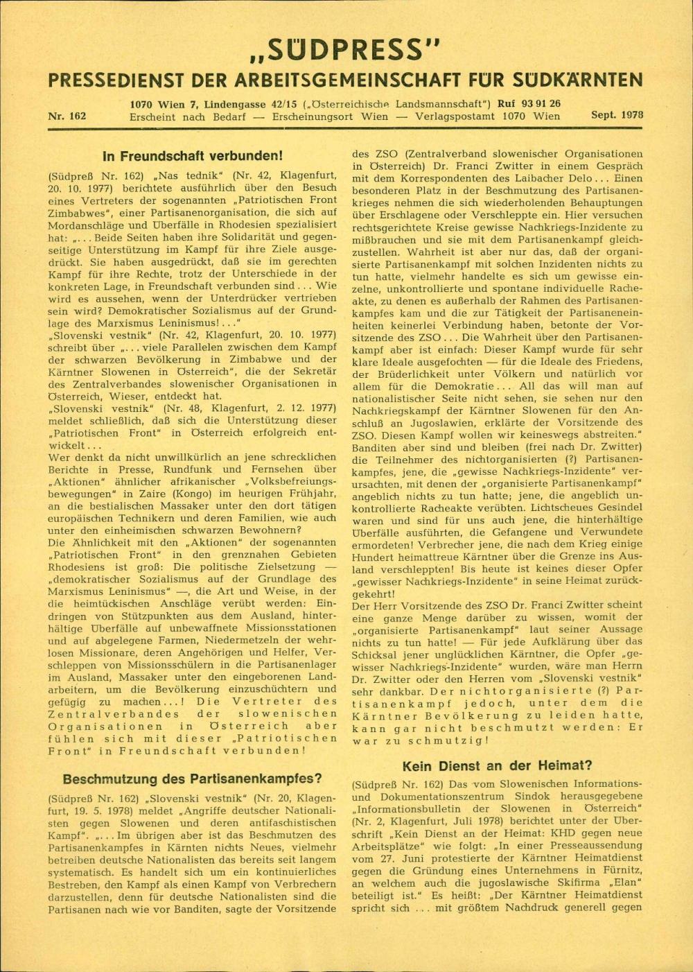 »Südpress« : Pressedienst der Arbeitsgemeinschaft für Südkärnten, Nr. 162