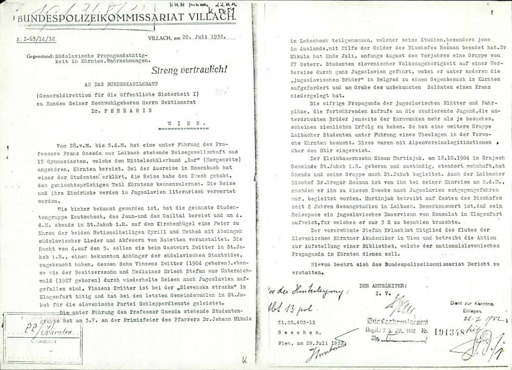 Dopis o zaznavah južnoslovanske propagandne dejavnosti na Koroškem