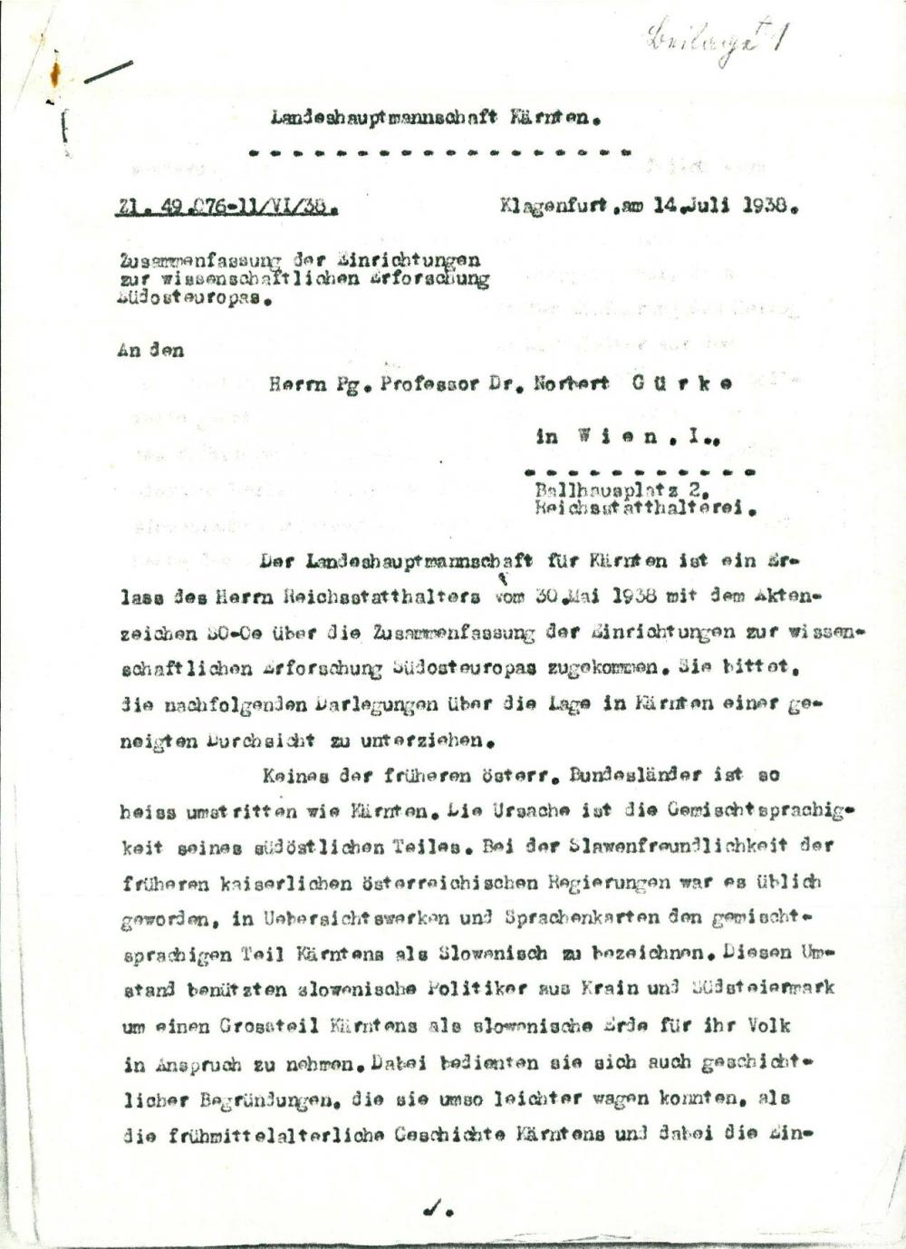 Dopis: Zusammenfassung der Einrichtungen zur wissenschaftlichen Erforschung Südosteuropas