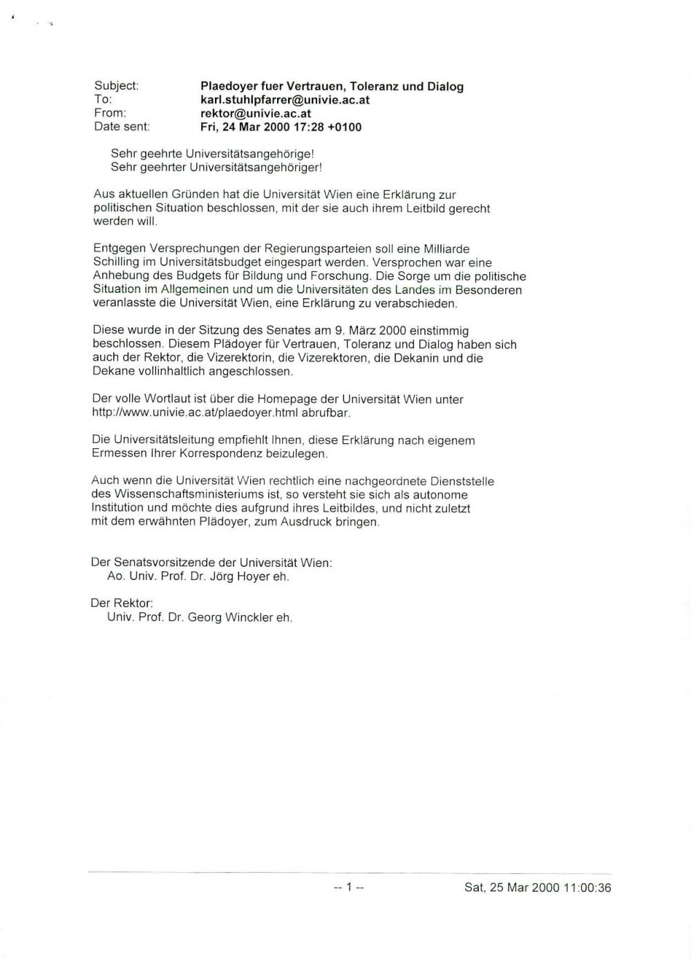 Plädoyer für Vertrauen, Toleranz und Dialog: Erklärung der Universität Wien zur politischen Situation Österreichs. beschlossen vom Senat am 9. März 2000