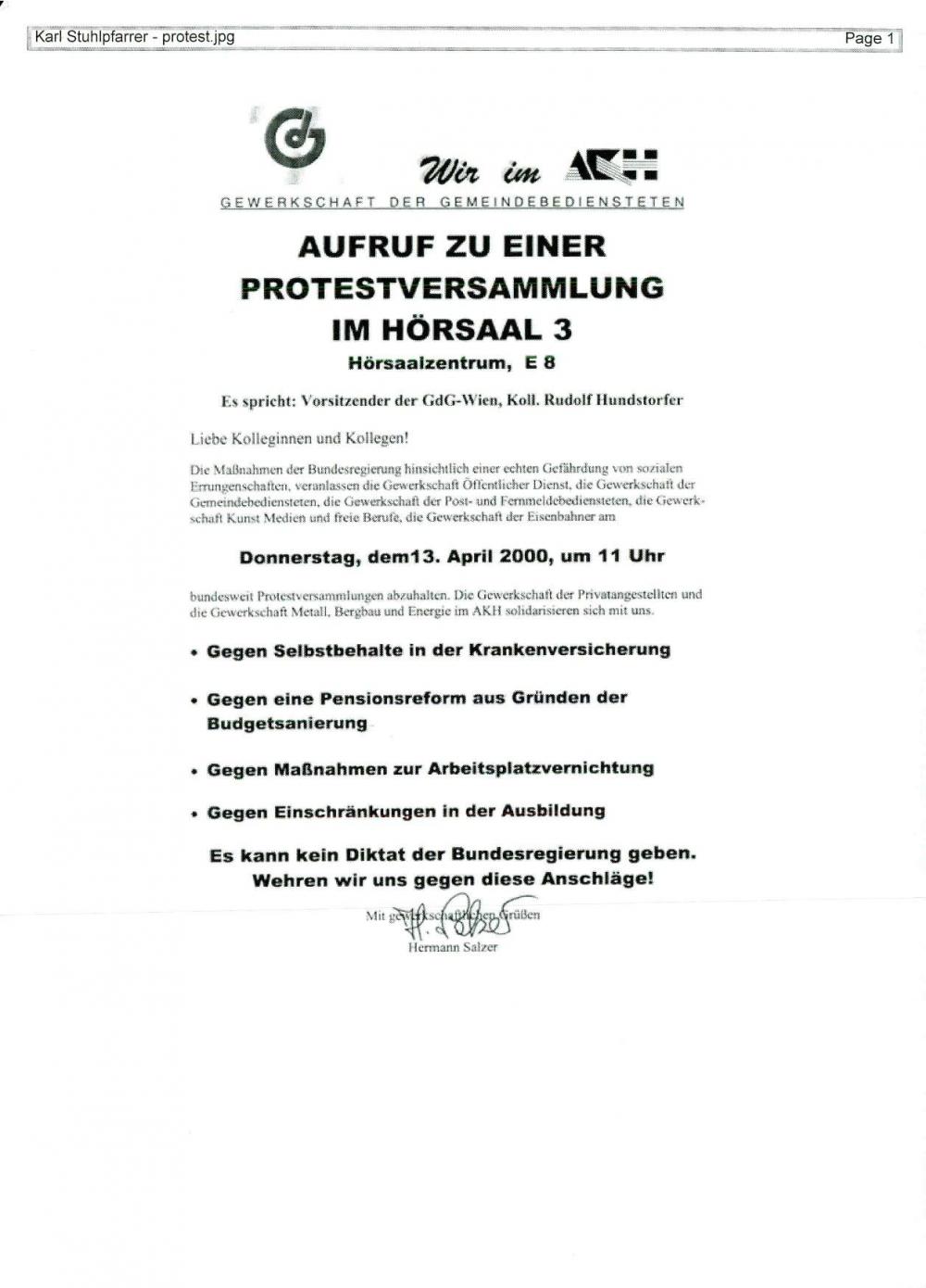 Aufruf zu einer Protestversammlung im Hörsaal 3