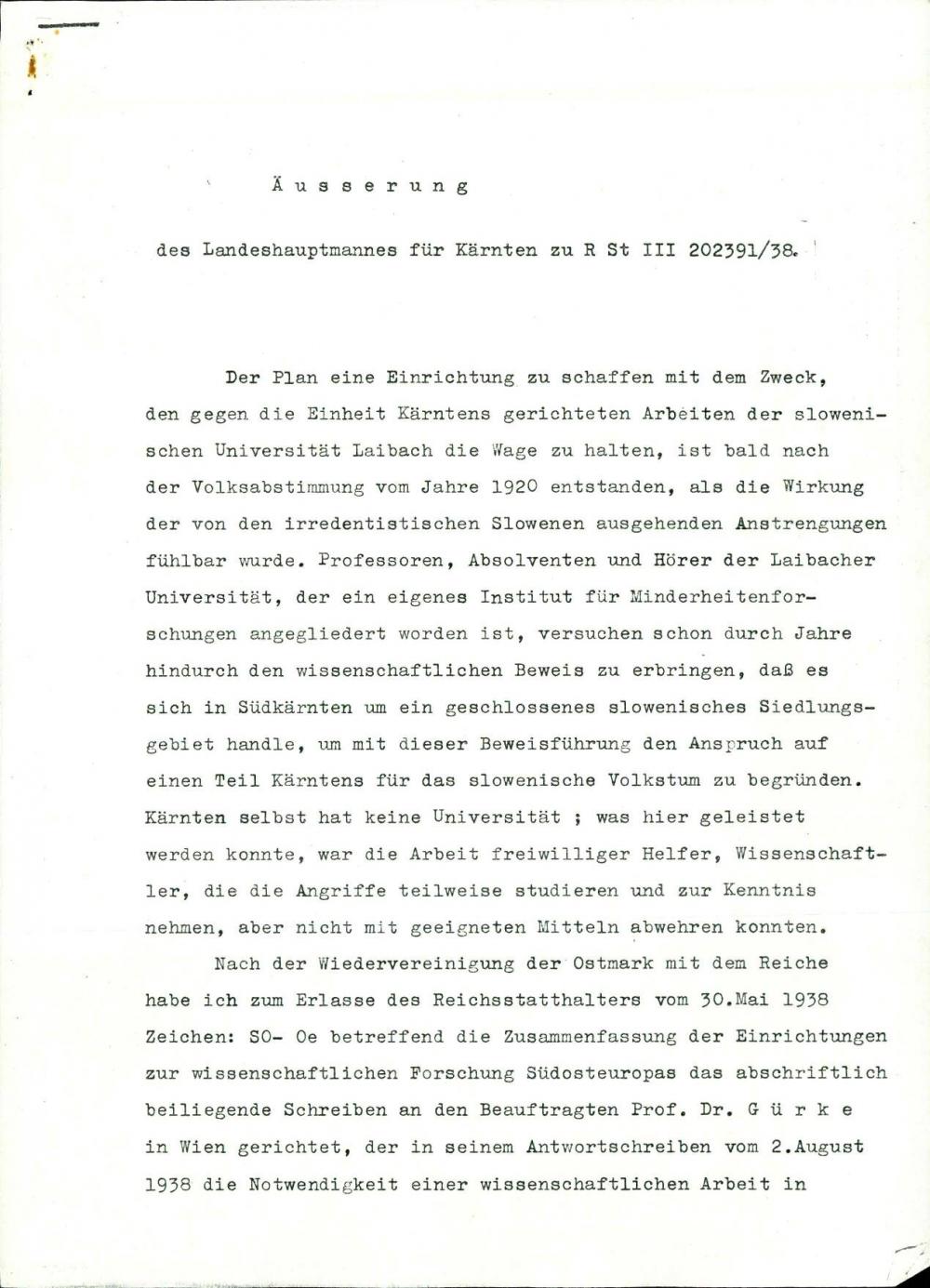 Äusserung des Landeshauptmannes für Kärnten zu R St III 202591/38