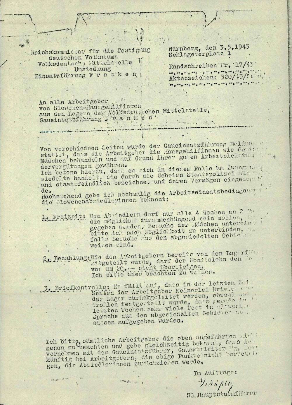 Dopis z delovnimi pogoji za slovenske priseljence