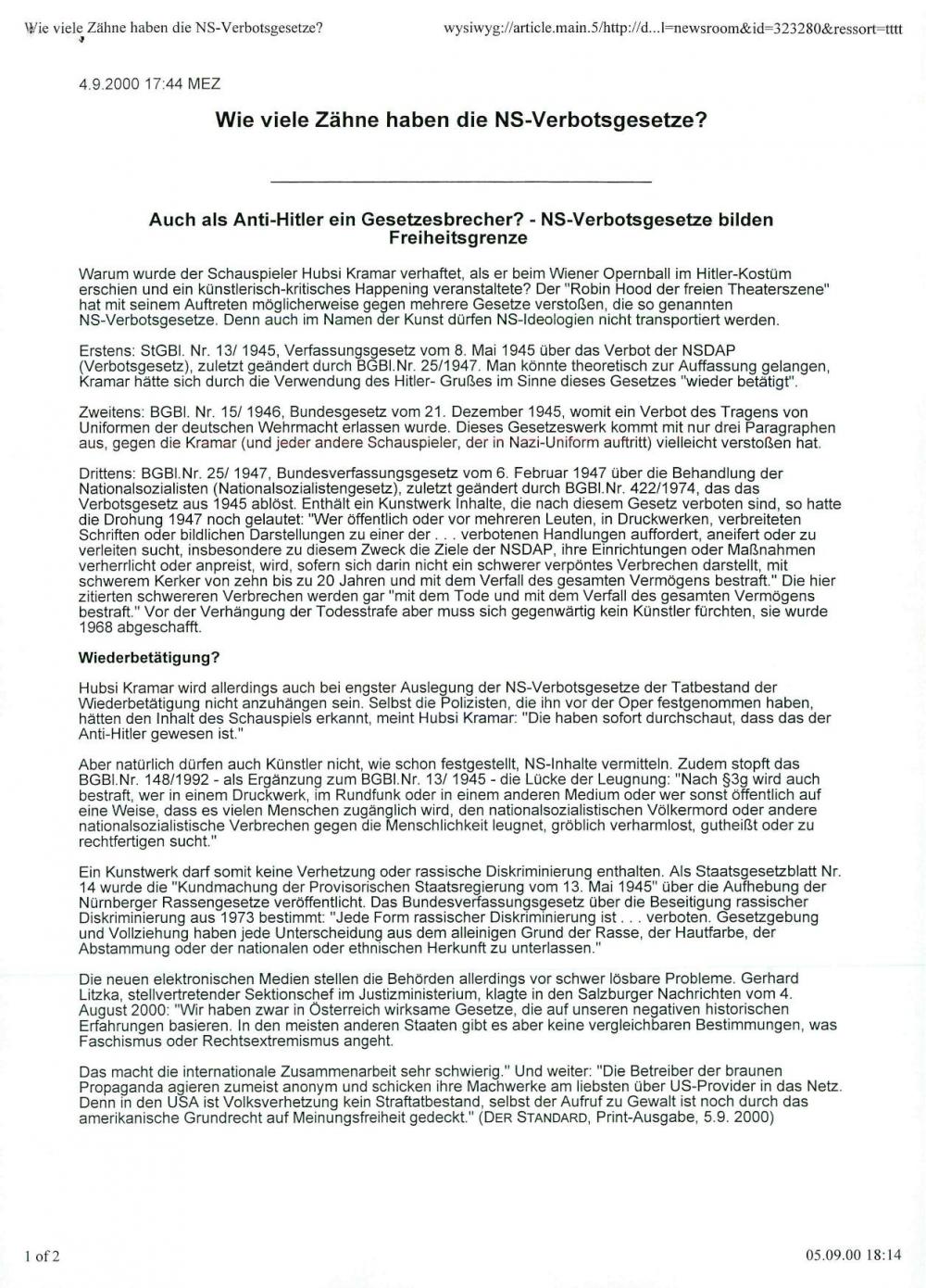 Wie viele Zähne haben die NS-Verbotsgesetze? Auch als Anti-Hitler ein Gesetzesbrecher? - NS-Verbotsgesetze bilden Freiheitsgrenze.