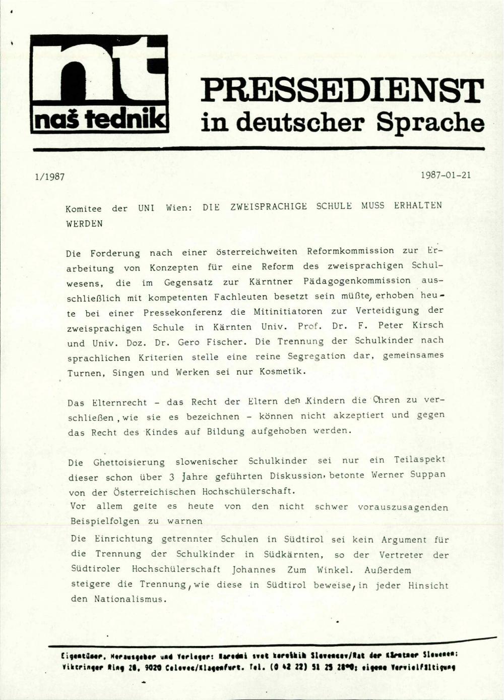 Komitee der UNI Wien: die zweisprachige Schule muss erhalten werden