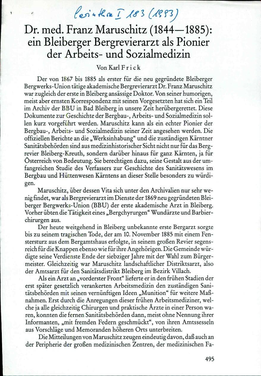 Dr. med. Franz Maruschitz (1844—1885): ein Bleiberger Bergrevierarzt als Pionier der Arbeits- und Sozialmedizin