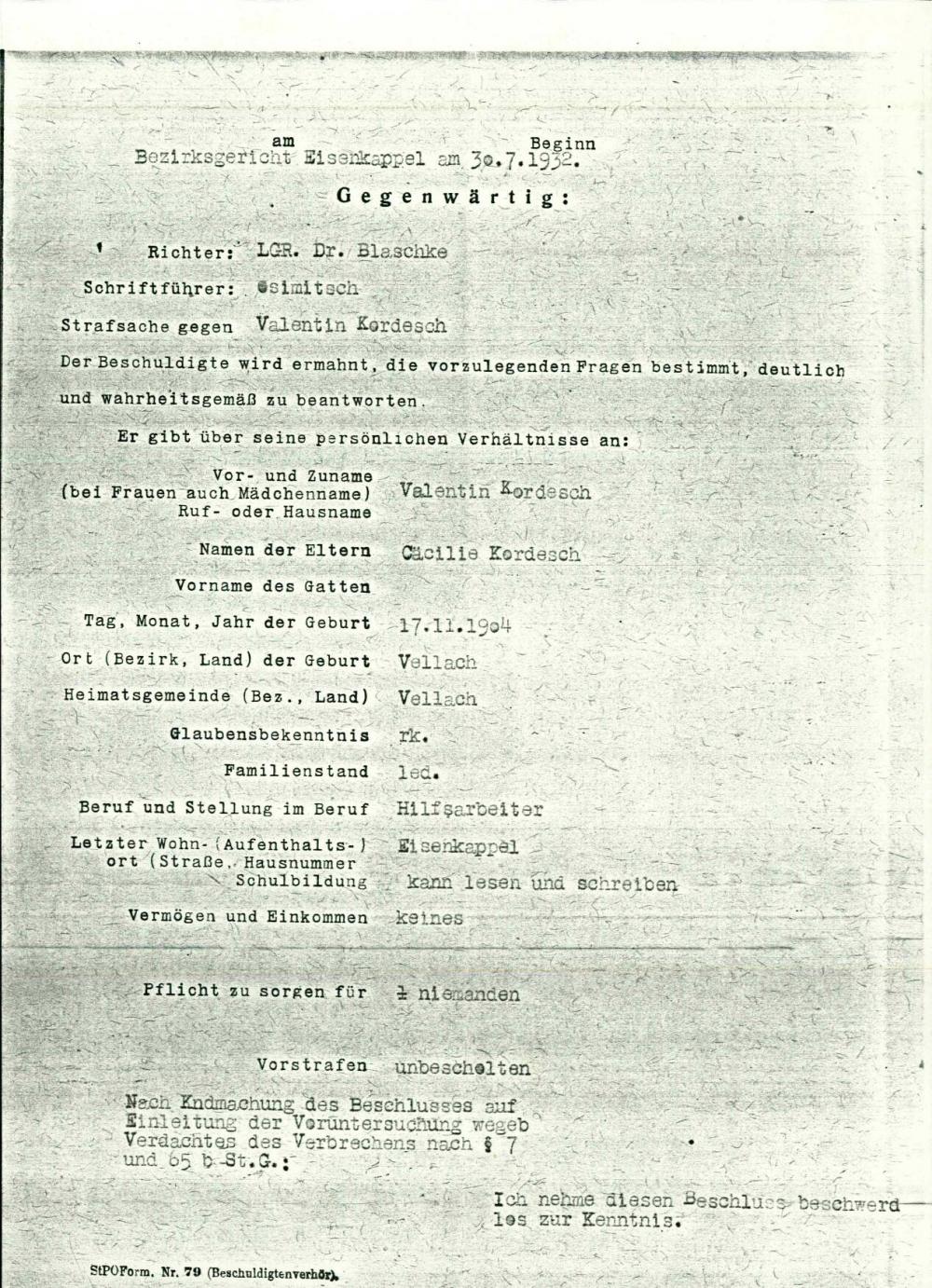 Odločba sodišča proti Valentinu Kordeschu