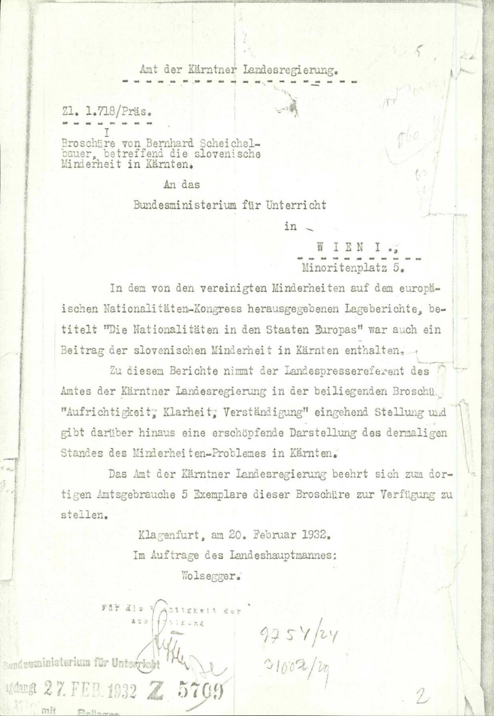Dopis: Broschüre von Bernhard Scheichelbauer, betreffend die slovenische Minderheit in Kärnten