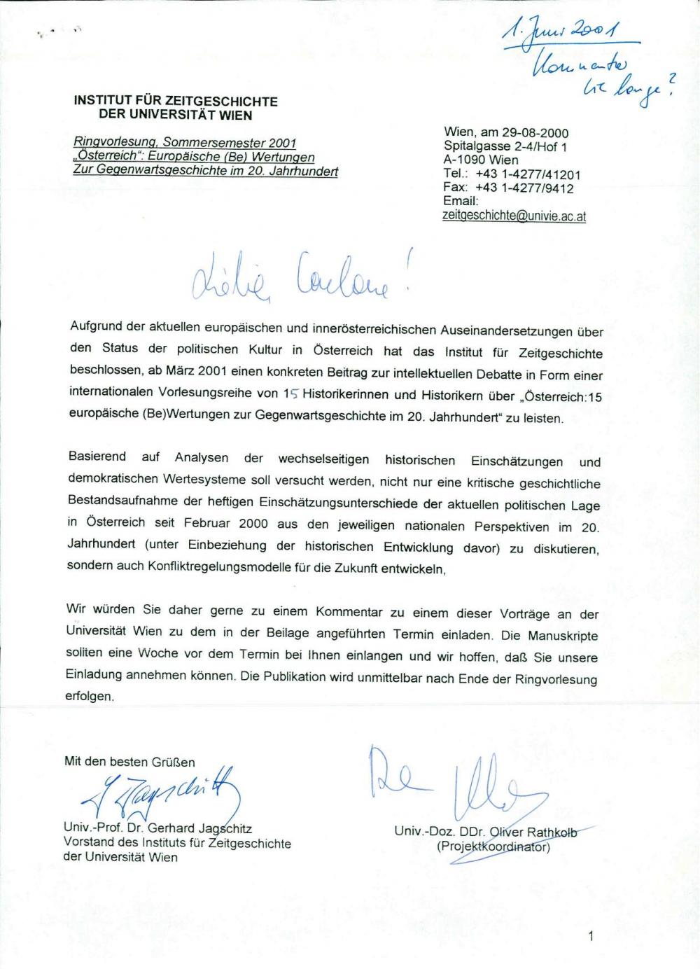 Dopis o ciklu predavanj "Österreich: 15 ... - nosilna