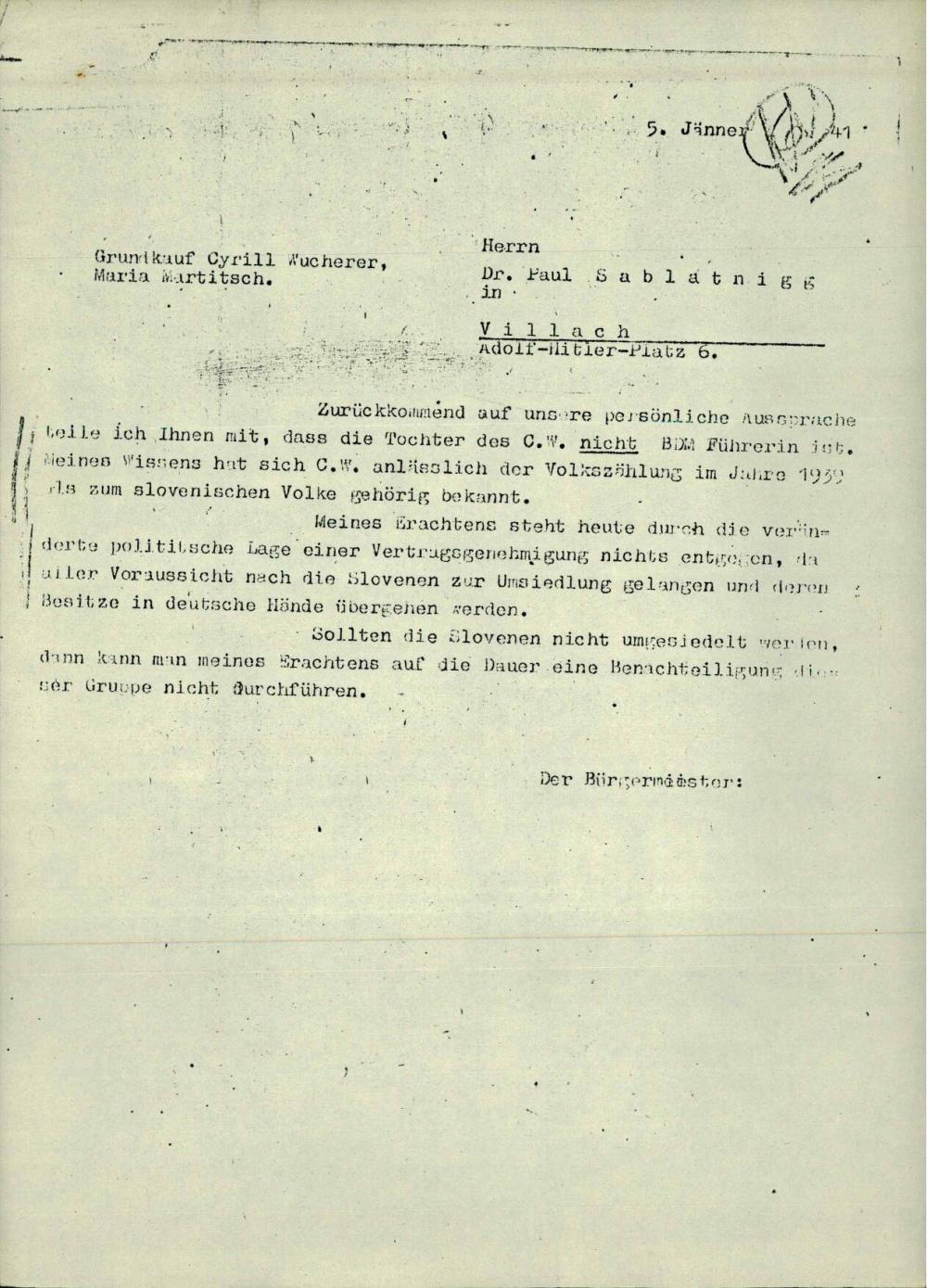 Dopis: Grundkauf Cyrill Wucherer, Maria Martitsch