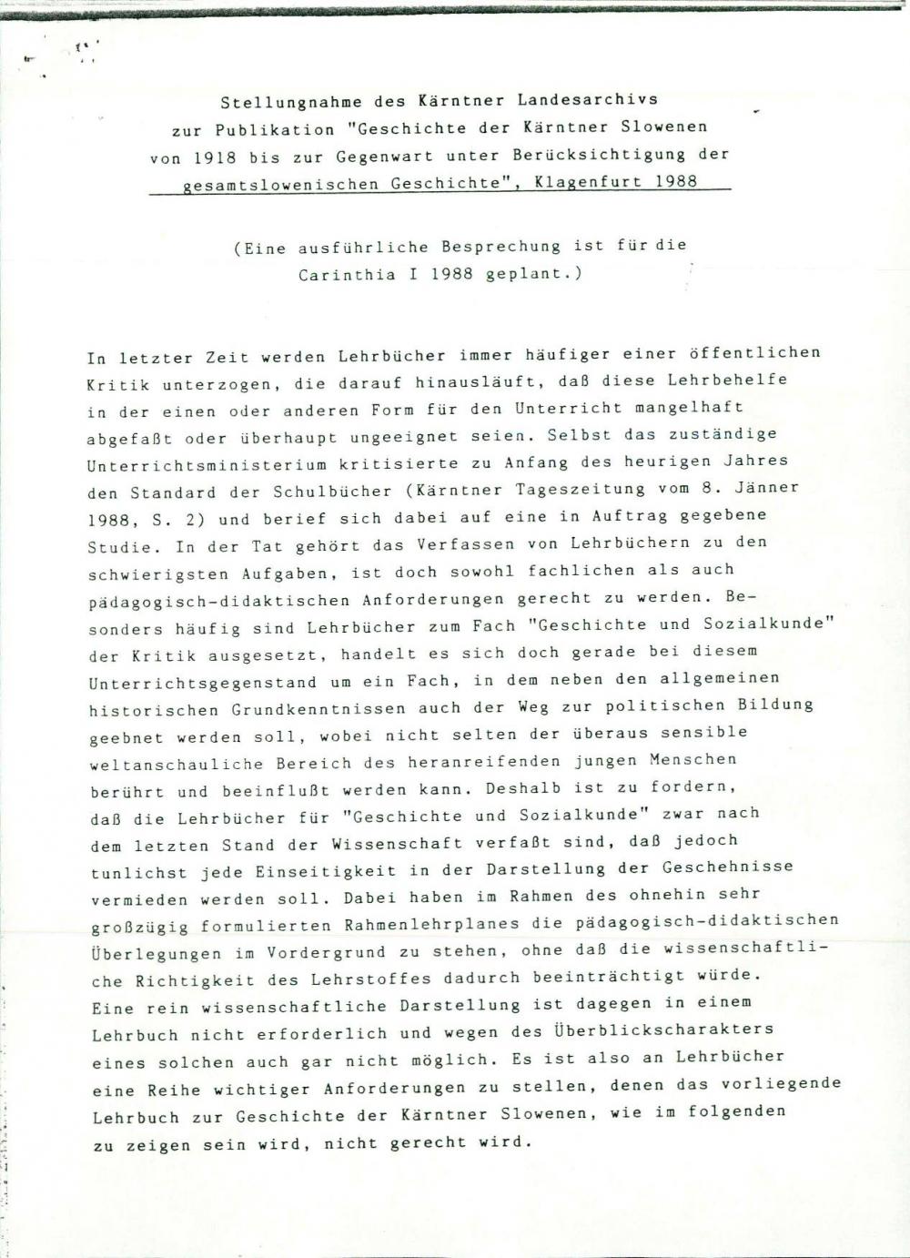 Stellungnahme des Kärntner Landesarchivs zur Publikation "Geschichte der Kärntner Slowenen"