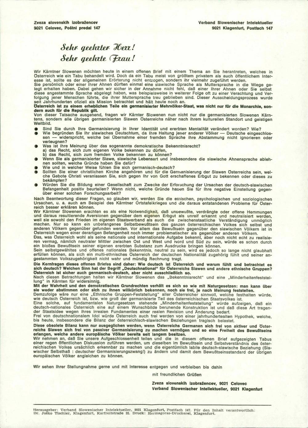Dopis poslan na naslov:  Zveza slovenskih izobražencev / Verband Slowenischer Intelektueller