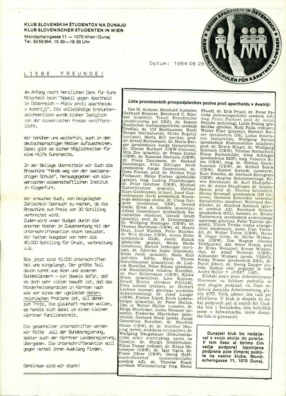 Lista prominentnlh prvopodpisnlkov poziv... - nosilna