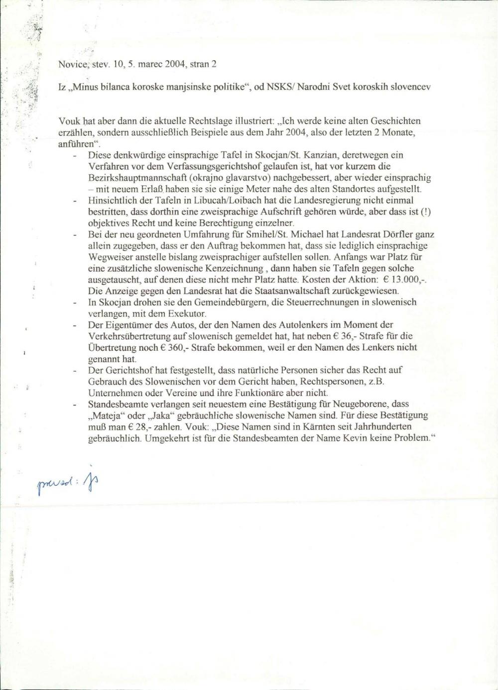 Iz "Minus bilanca koroške manjšinske politike", od NSKS/ Narodni Svet koroških Slovencev