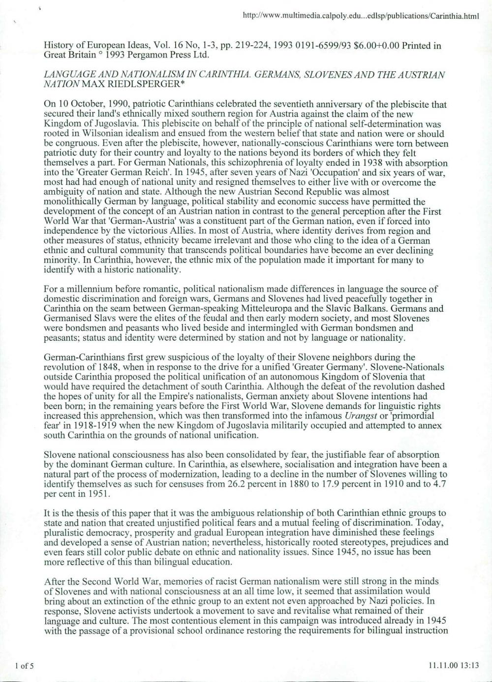 Language and Nationalism in Carinthia: Germans, Slovenes and the Austrian Nation